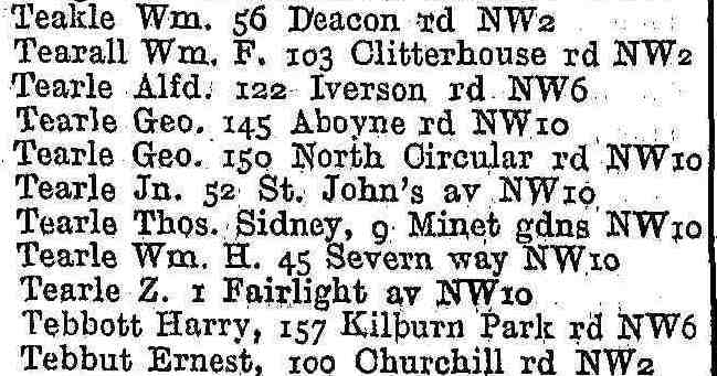 Tearle families in NW10 George George John Thomas-Sidney William Zephaniah in 1936