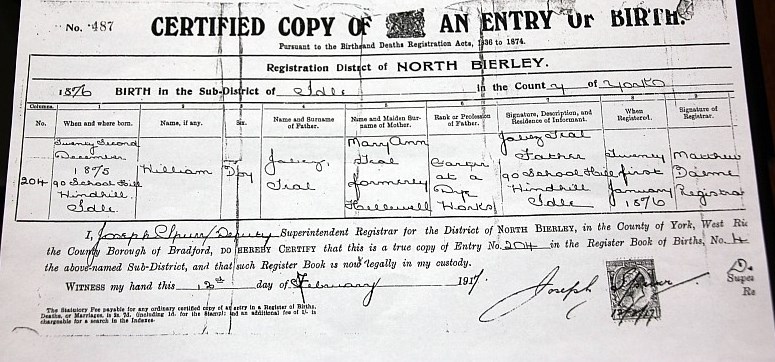 Birth certificate of William 1876 Rod Teale's grandfather