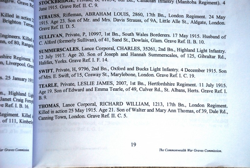 Leslie James Tearle in the Book of Remembrance; Woburn Abbey Cemetery, Cuinchy