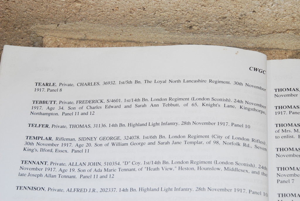 Charles Tearle in Book of Remembrance at Cambrai Memorial in Louveral Military Cemetery