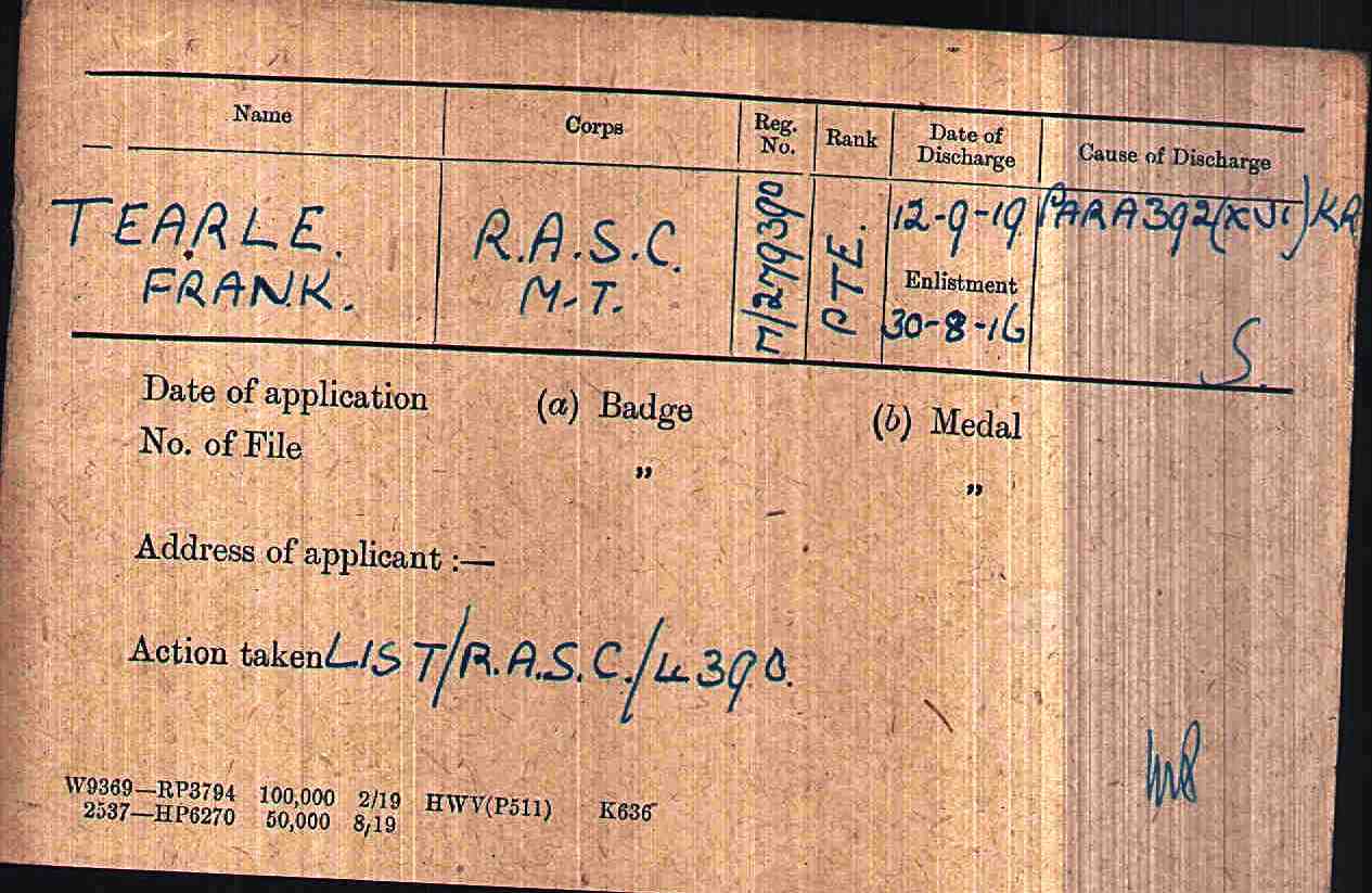 Frank Tearle M279390 WW1 army medal rolls