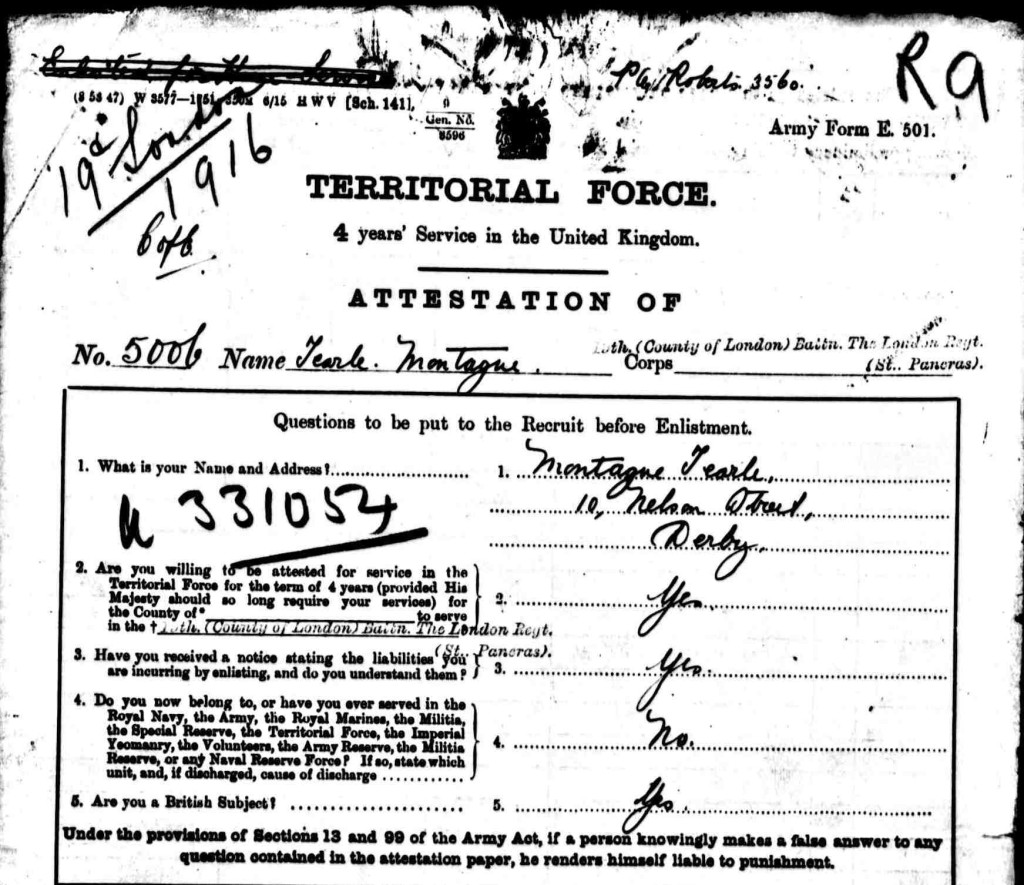 Montague Tearle attestation for Territorial Force