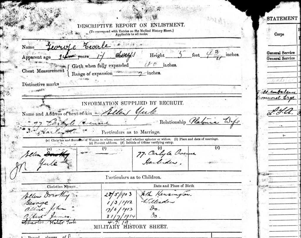 Otho George lists his family on entry to the army.