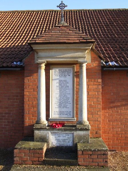 War Memorial on hall, Yardley Hastings.