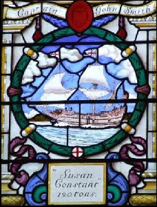 "Susan Constant" stained glass window in St Sepulcre Church.