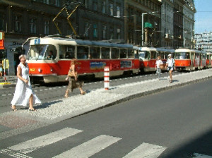 Prague trams on the way to town