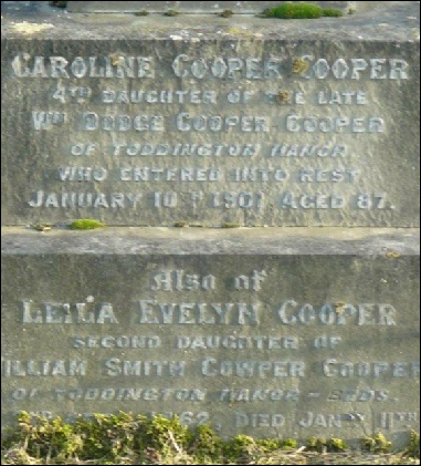 Caroline's grave in Toddington Cemetery together with Leila Evelyn, daughter of William Smith Cowper Cooper.