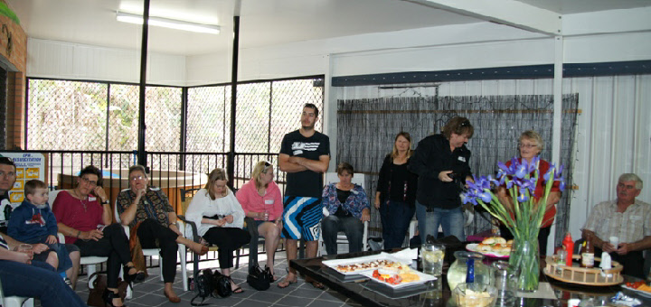 Ready for a chat: James, Eva, Honorah, Helen, Tlisa, Andy, Chris, Teresa & Carl Vogelsang, Denice Reese and Ron Tearle gather around the sumptuous table Deborah had prepared.