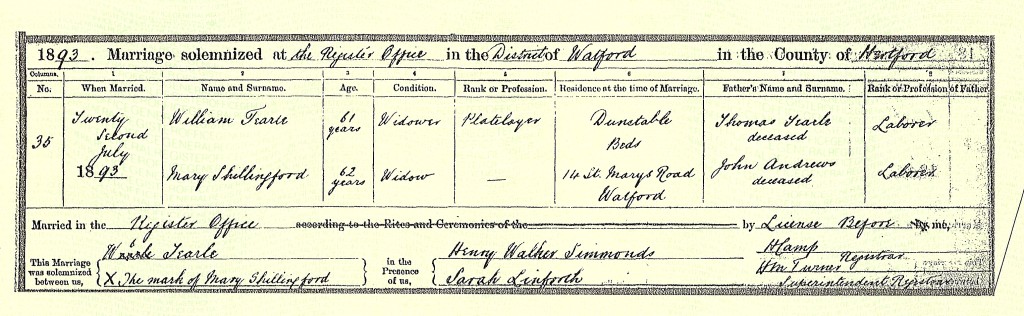Mary Shillingford nee Andrews 1830 marriage to William Tearle in 1893