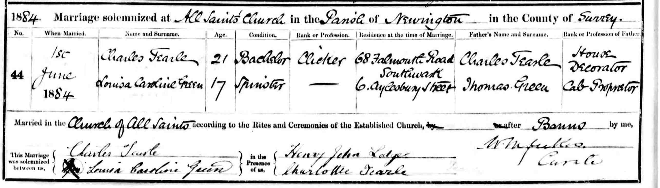 Charles marriage Louisa Caroline Green All Saints Walworth Southwark 1884
