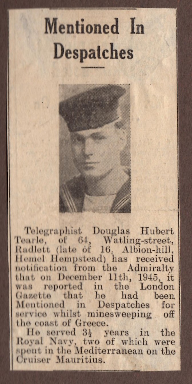 Douglas Hubert Tearle newspaper article 1945