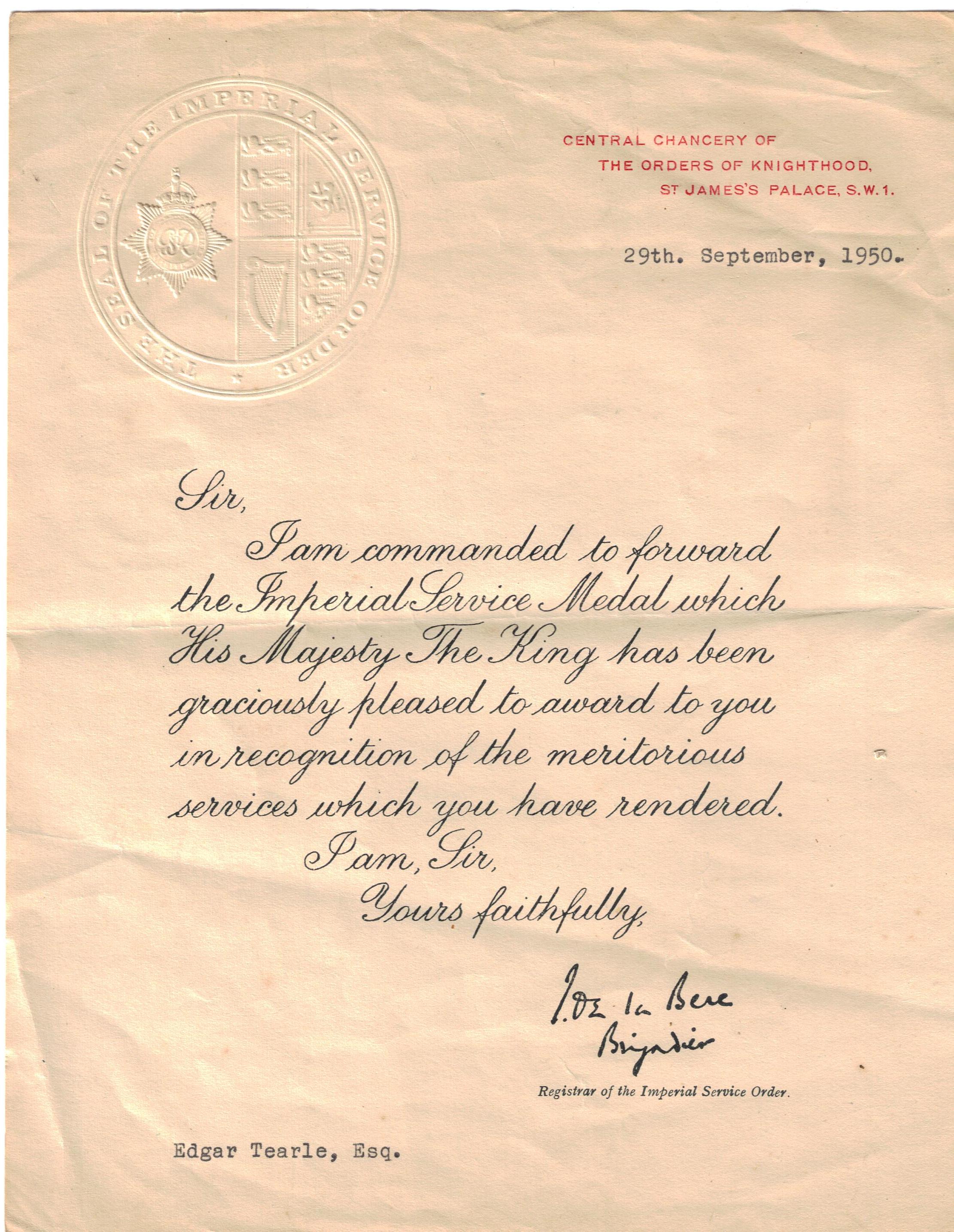Notice of Imperial Service Medal to Edgar
