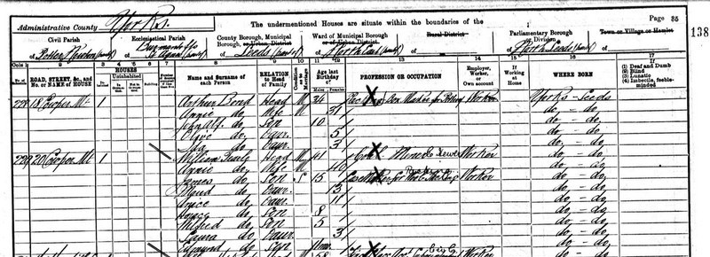1901 William 1860 Leeds Annie 40 James 15 Maud 13 Annie 11 Horace 8 Wilfred 5 Laura 3 Edmund 11m in Potter Newton Yorks -1