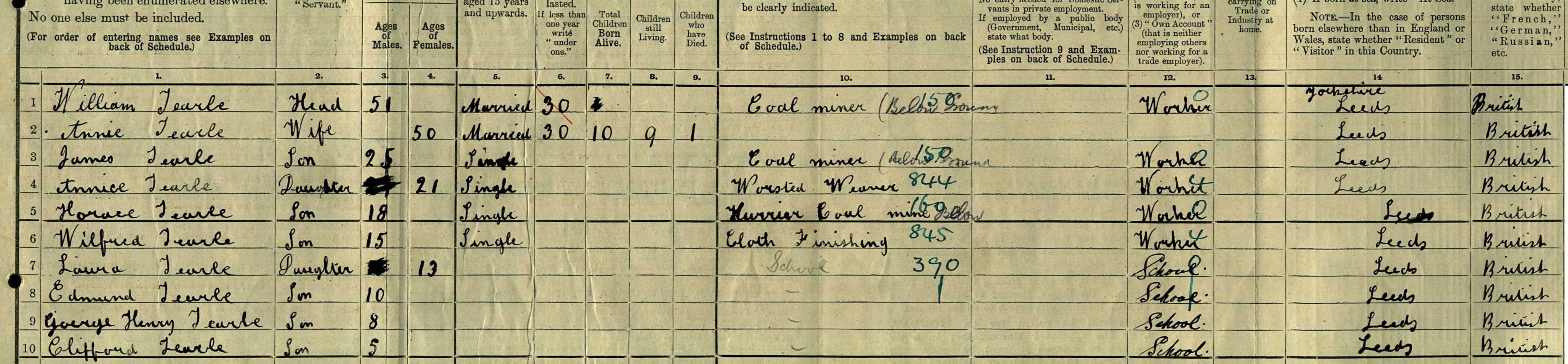 1911 William 1860 Leeds Annie 50 James 25 Annice 21 Horace 18 Wilfred 15 Laura 13 Edmund 10 George Henry 8 Clifford 5 in Leeds -1