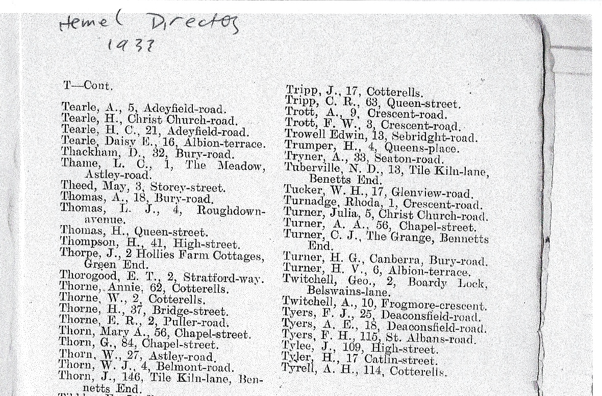 Hemel Hempstead Directory 1933-1