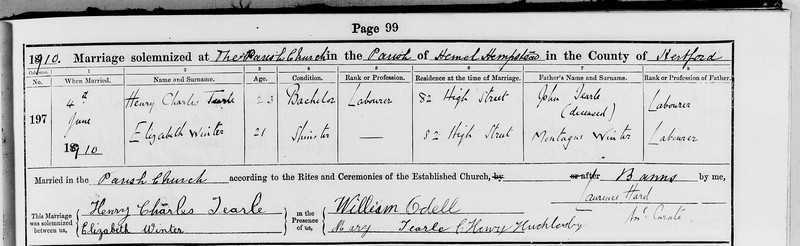 Henry Charles Tearle 1887 marriage Elizabeth Winter Parish Ch Hemel Hempstead 1910