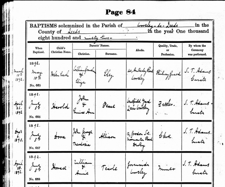 Horace Tearle 1892 baptism Wortley Leeds