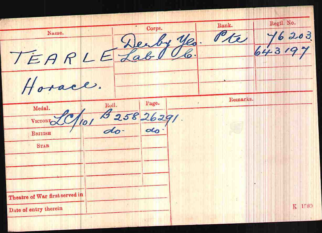 Horace Tearle 76203, 643197 WW1 army medal Rolls -1
